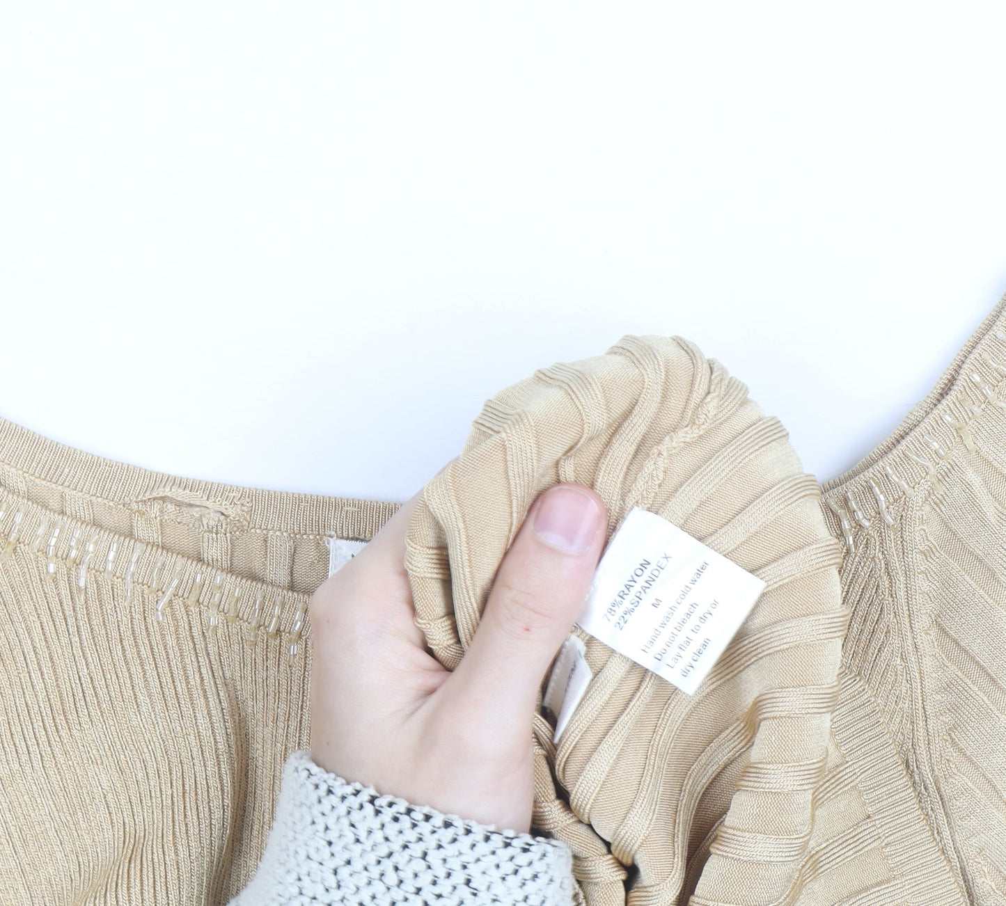 Belldini Women Beige Beaded Boat Neck Ribbed Knit Jumper M