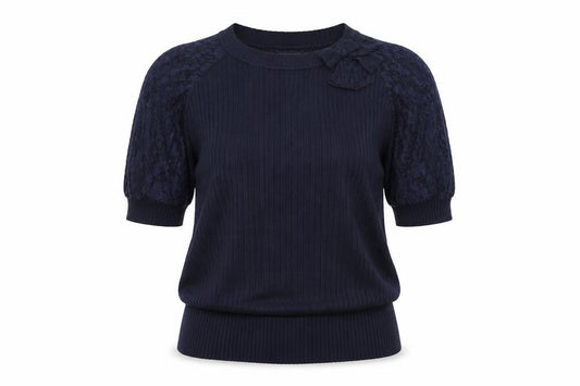 Saloos Women's Navy Blue Lace Puff Sleeve Pullover Jumper Size L