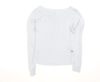Blanc Bleu Women Blue Linen Boat Neck Button Jumper Size M