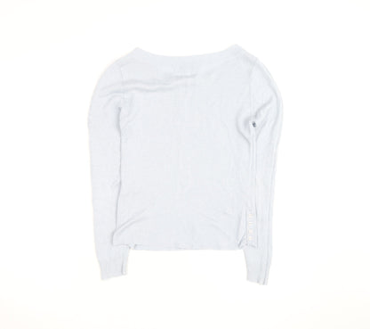 Blanc Bleu Women Blue Linen Boat Neck Button Jumper Size M