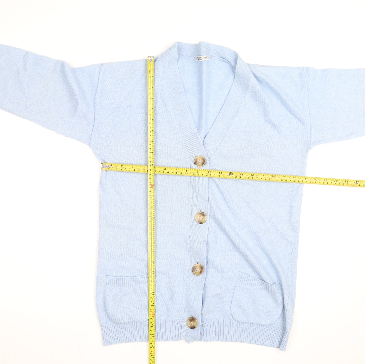 Artigiano Women Blue Merino Wool Blend Cardigan L V-Neck Knit