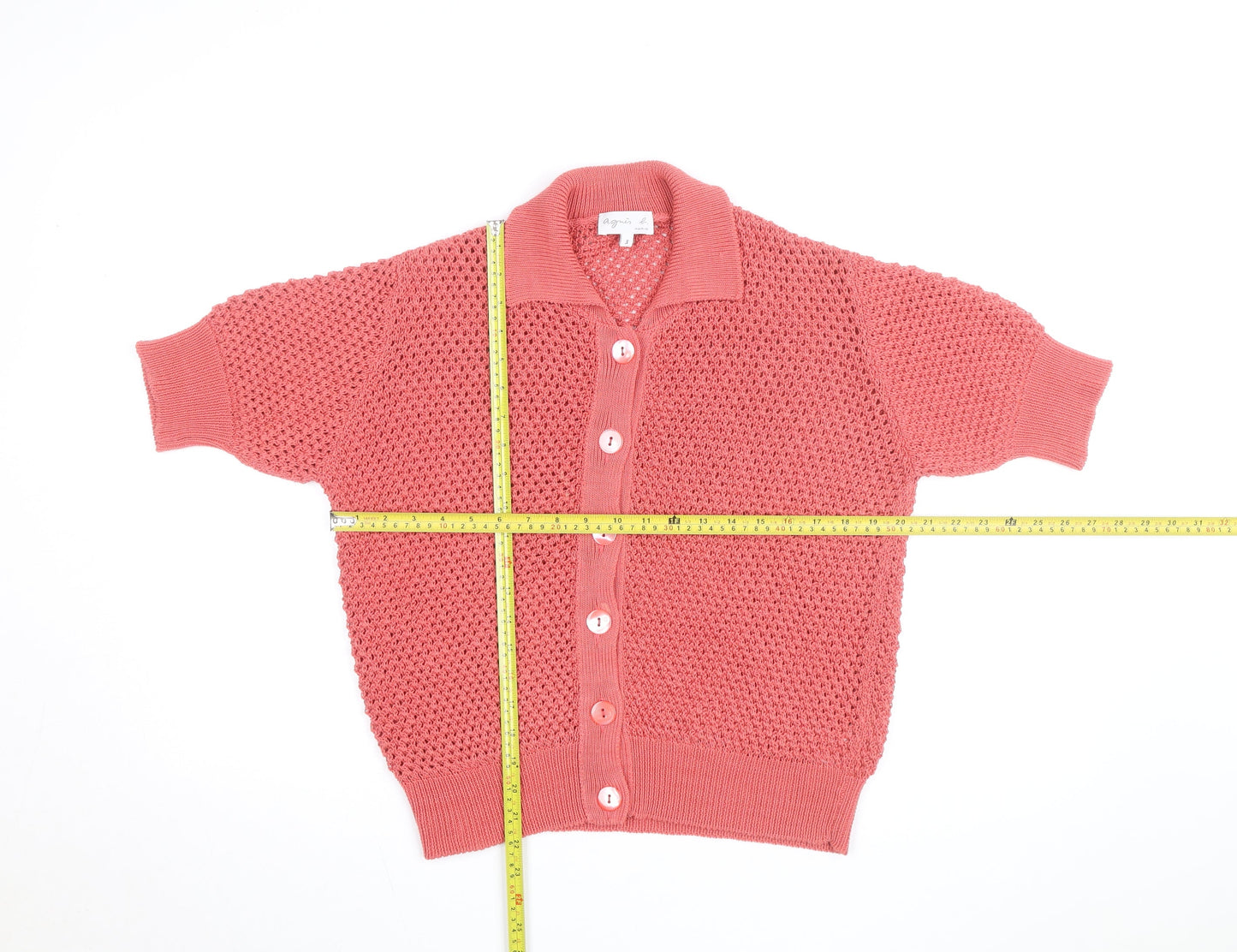 Agnès b. Women’s Pink Collared Short Sleeve Cardigan Size 12 100% Cotton