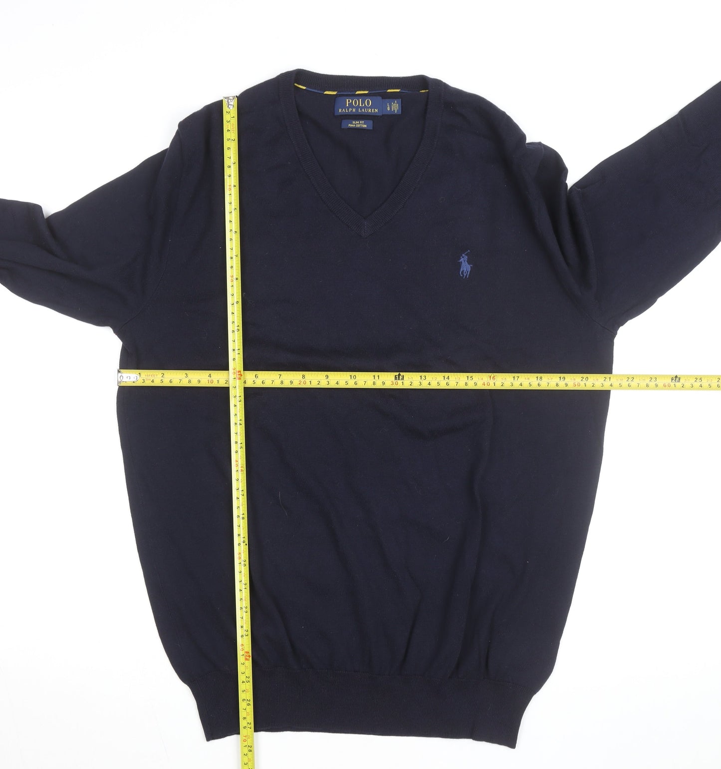 Polo Ralph Lauren Men's Navy Blue V-Neck Slim Fit Cotton Jumper Size L