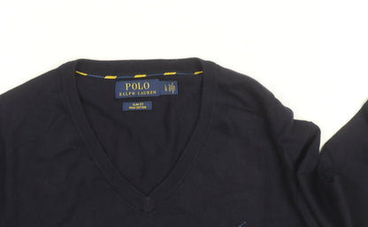 Polo Ralph Lauren Men's Navy Blue V-Neck Slim Fit Cotton Jumper Size L