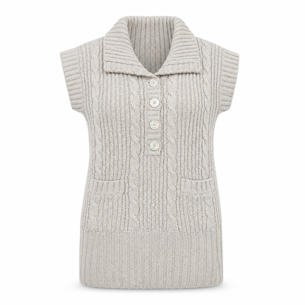 Next Women Beige Short Sleeve Collared Cable Knit Jumper Size M