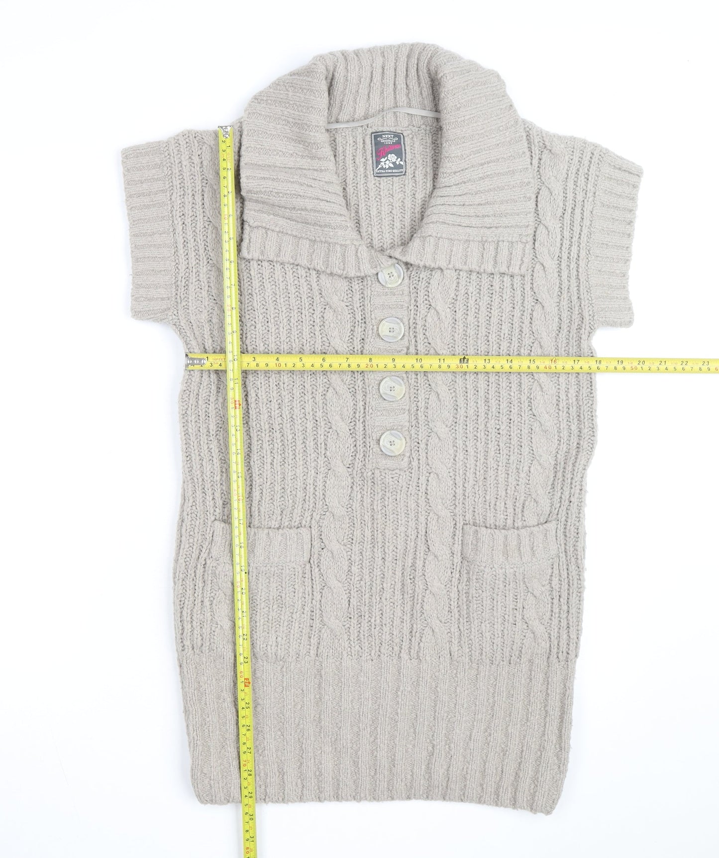 Next Women Beige Short Sleeve Collared Cable Knit Jumper Size M