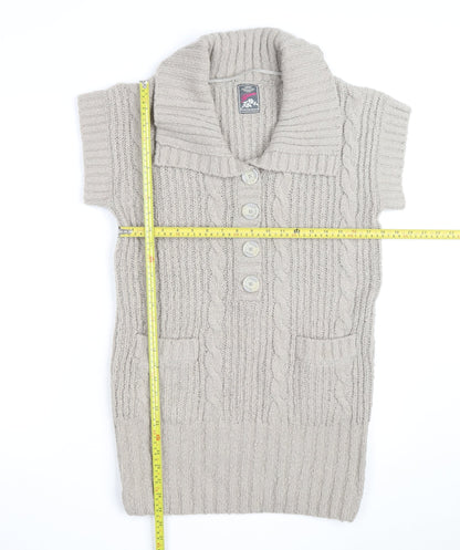Next Women Beige Short Sleeve Collared Cable Knit Jumper Size M