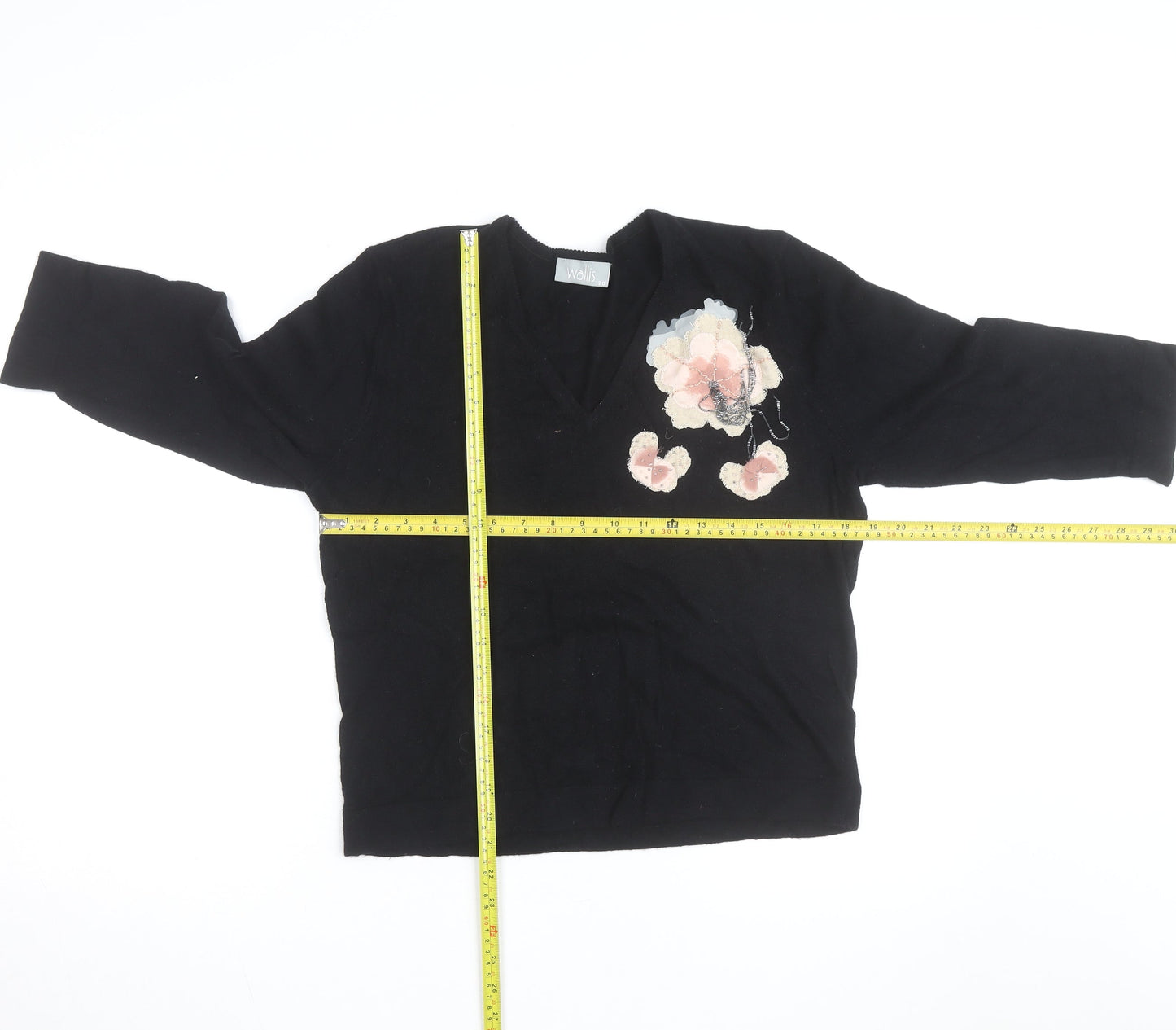 Wallis Women Black Floral Embellished V-Neck Jumper Size 20