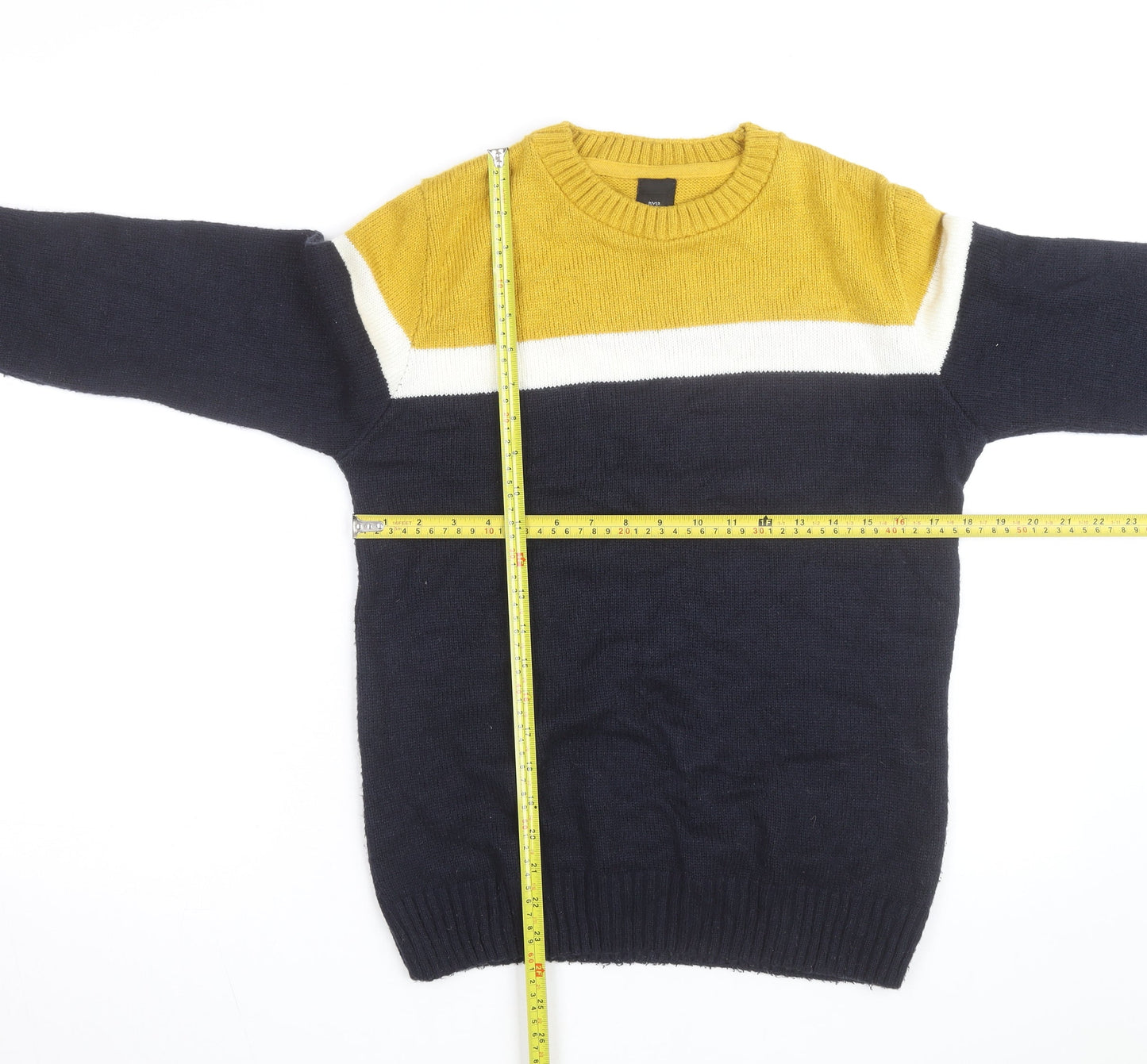River Island Men's Blue Yellow Crew Neck Pullover Jumper XS