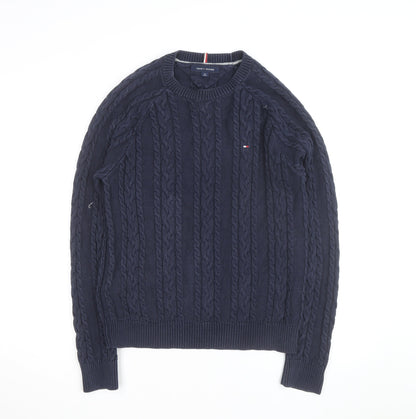Tommy Hilfiger Men's Blue Cable-Knit Cotton Pullover Jumper Size S