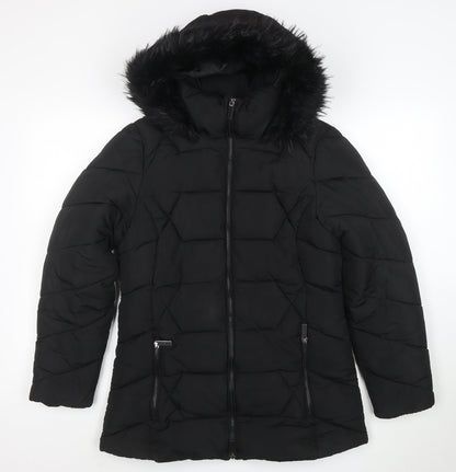 Roman Women Black Hooded Puffer Coat Size 10 with Faux Fur Trim