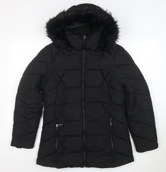 Roman Women Black Hooded Puffer Coat Size 10 with Faux Fur Trim