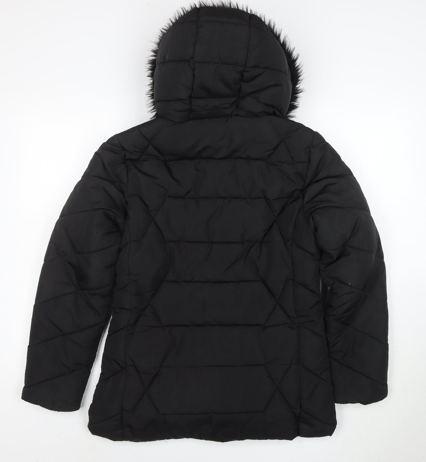 Roman Women Black Hooded Puffer Coat Size 10 with Faux Fur Trim