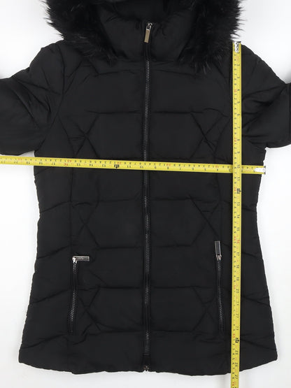 Roman Women Black Hooded Puffer Coat Size 10 with Faux Fur Trim