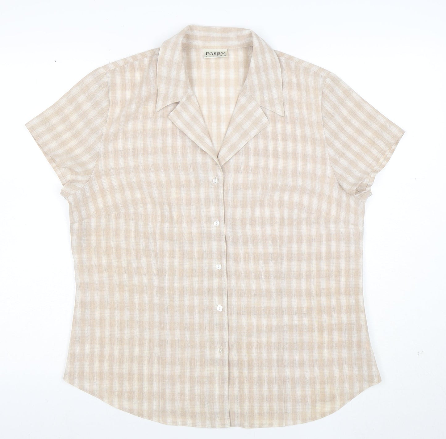 Fosby Design Women's Beige Check Short Sleeve Button-Up Shirt Size 14