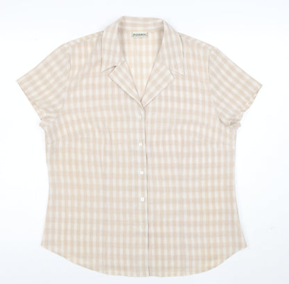 Fosby Design Women's Beige Check Short Sleeve Button-Up Shirt Size 14