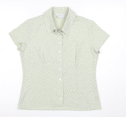 Classics Women Green Floral Button-Up Short Sleeve Blouse Size 12