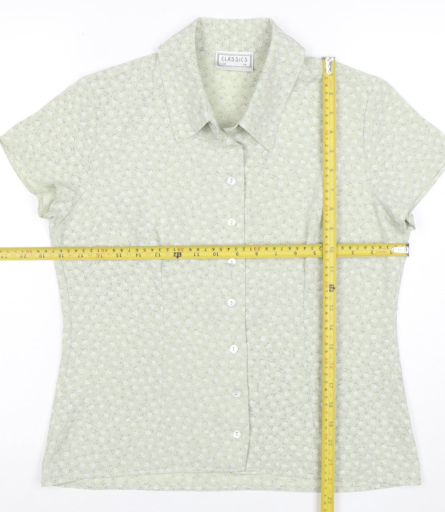 Classics Women Green Floral Button-Up Short Sleeve Blouse Size 12