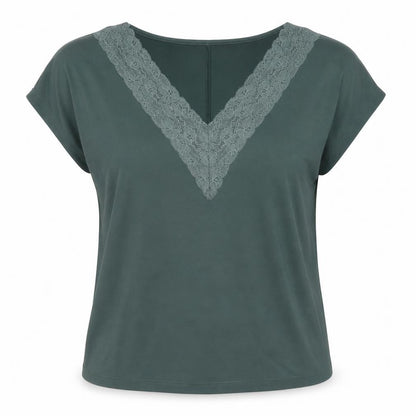 Vero Moda Women's Green Lace V-Neck Short Sleeve T-Shirt M