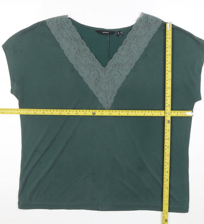 Vero Moda Women's Green Lace V-Neck Short Sleeve T-Shirt M
