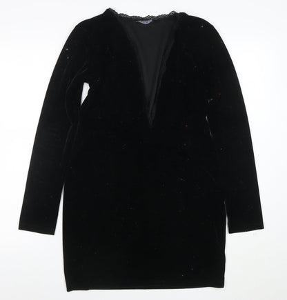Model Women Black Velvet Lace V-Neck Long Sleeve Bodycon Dress L