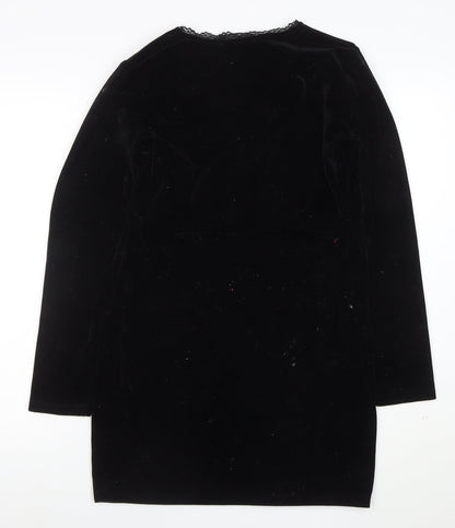Model Women Black Velvet Lace V-Neck Long Sleeve Bodycon Dress L