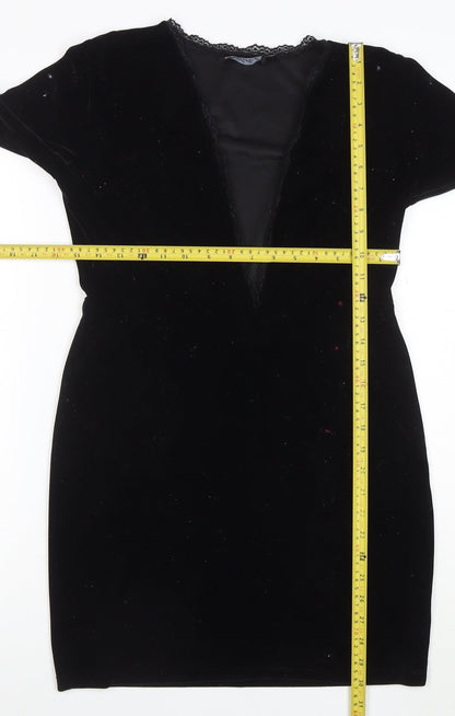Model Women Black Velvet Lace V-Neck Long Sleeve Bodycon Dress L
