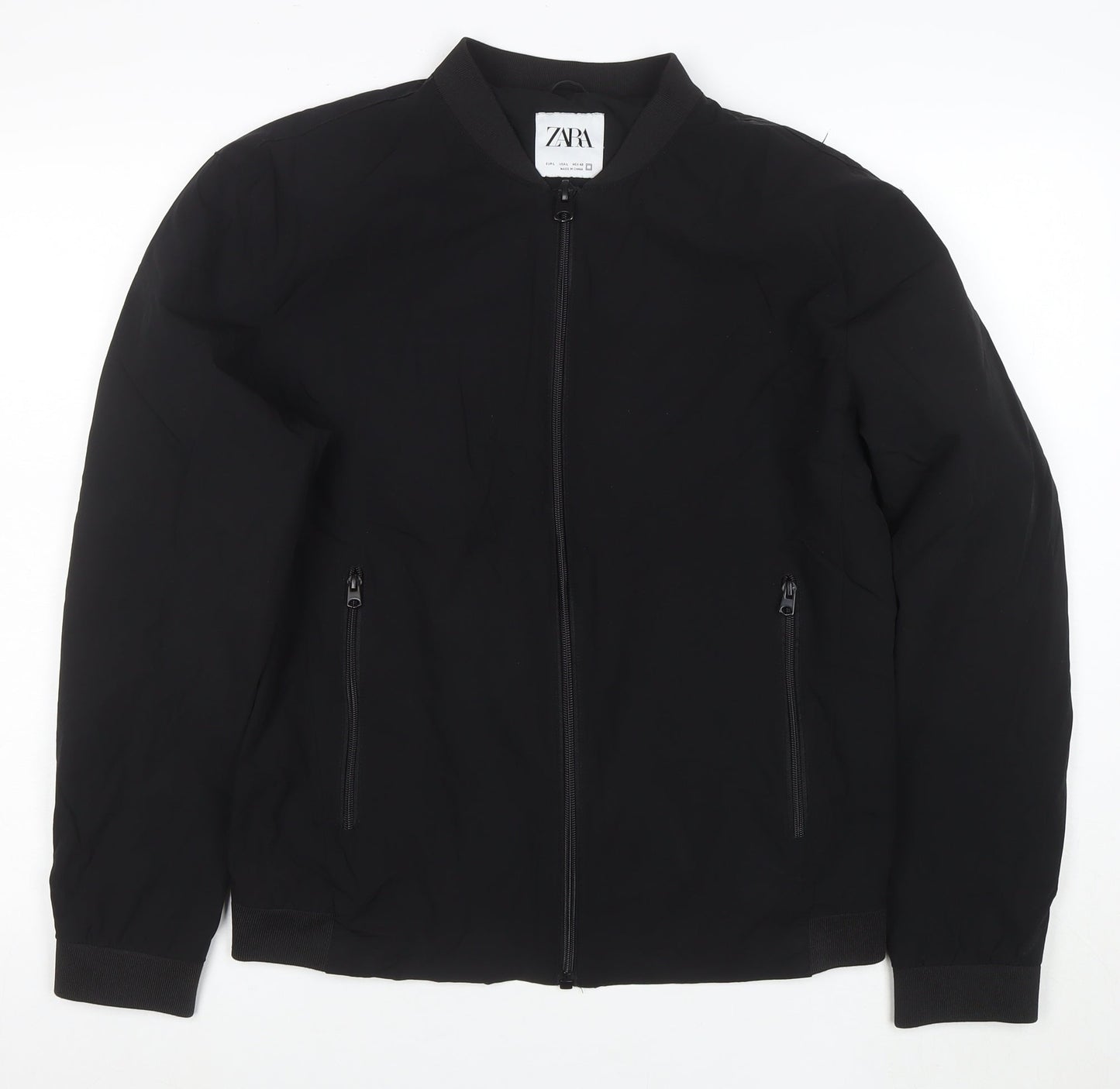 Zara Men Black Bomber Jacket Size L Full Zip Nylon Blend