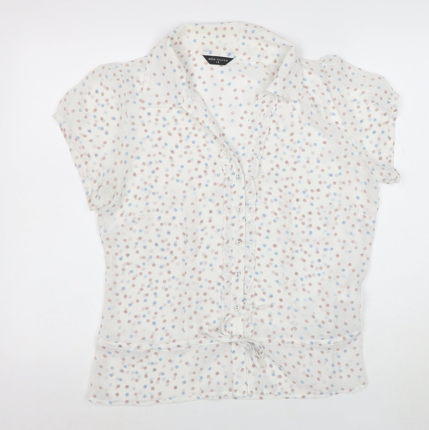 Ellie Louise Women's White Polka Dot Short Sleeve Chiffon Blouse Size 14