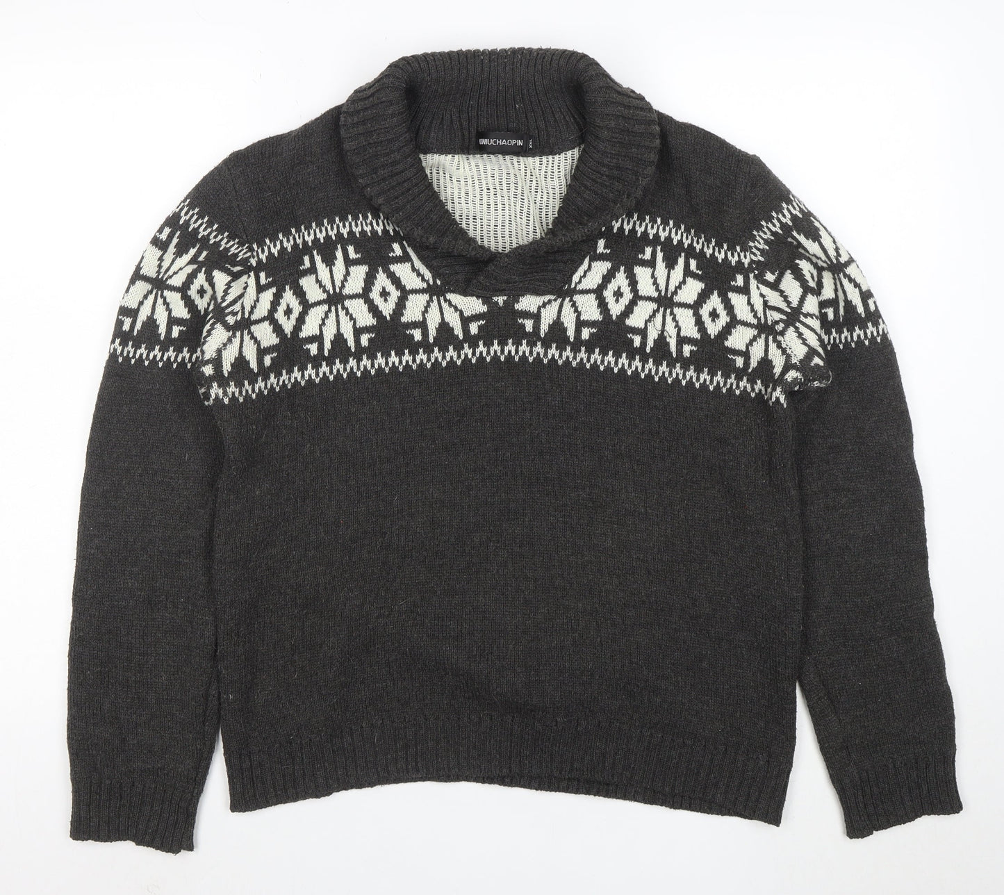 Tao Nu Cha Pin Womens Grey Fair Isle Wool Blend Shawl Collar Jumper XL