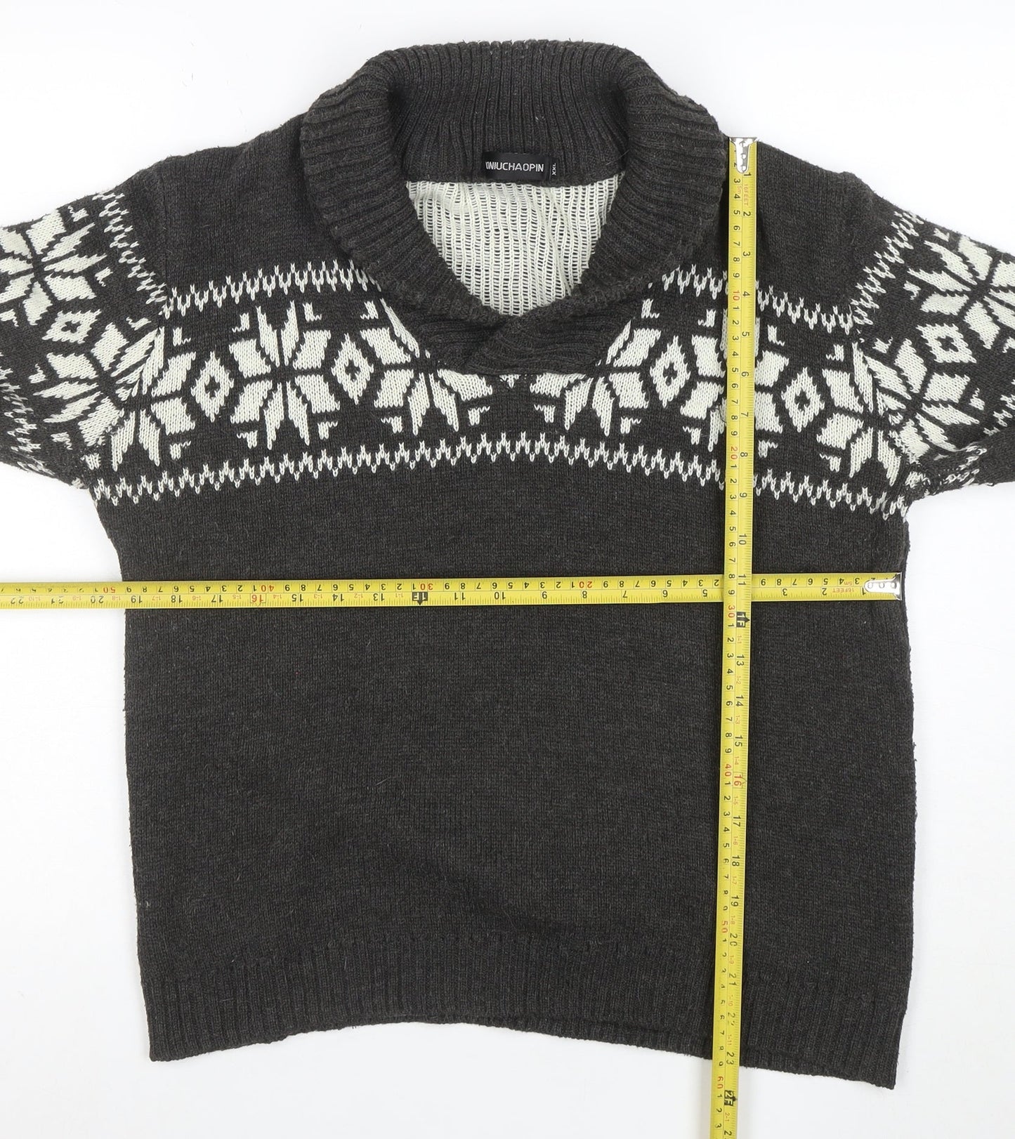 Tao Nu Cha Pin Womens Grey Fair Isle Wool Blend Shawl Collar Jumper XL