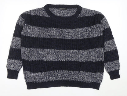 Aed London Women's Navy Grey Striped Knit Jumper M Acrylic Crew Neck