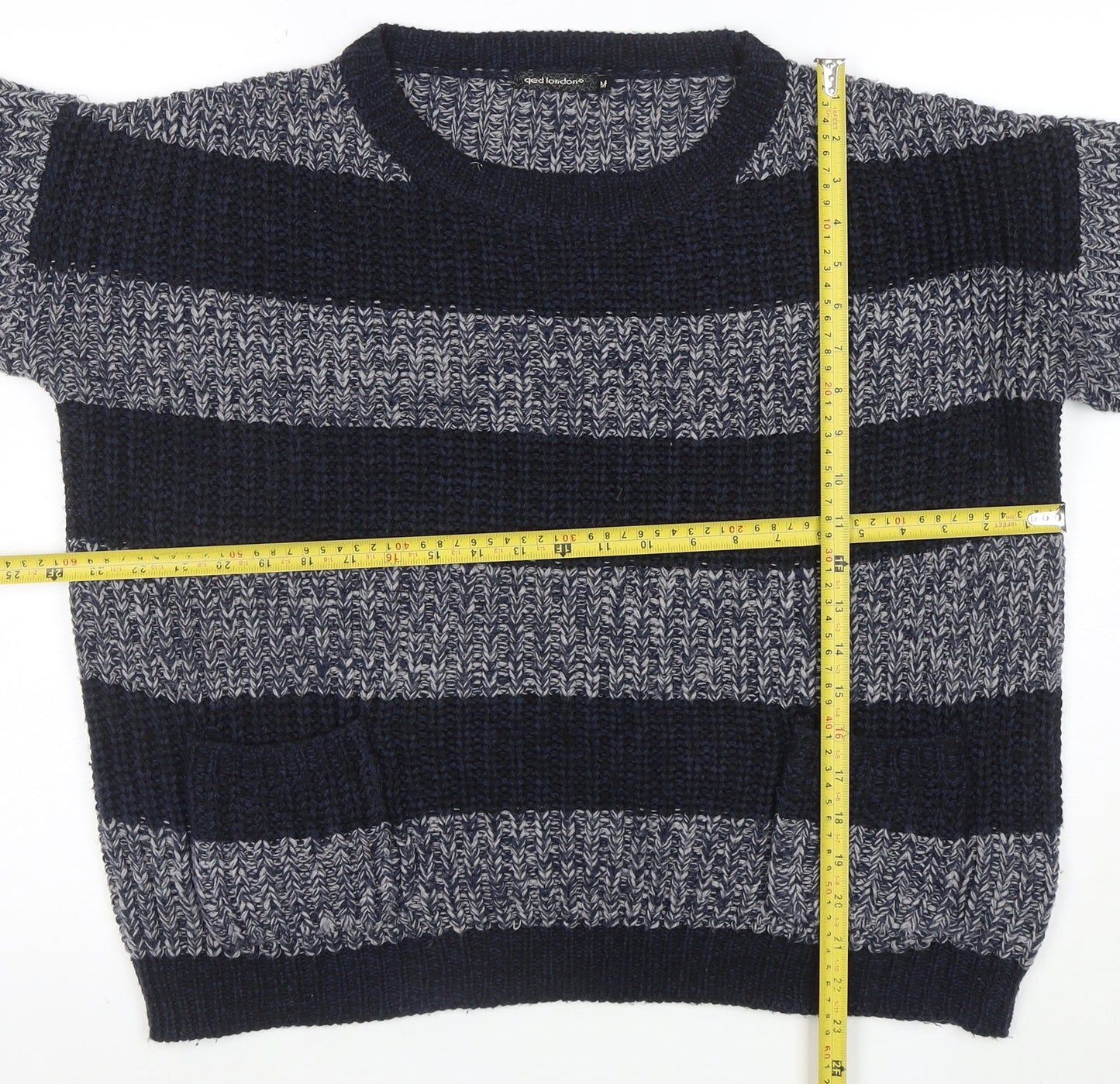 Aed London Women's Navy Grey Striped Knit Jumper M Acrylic Crew Neck