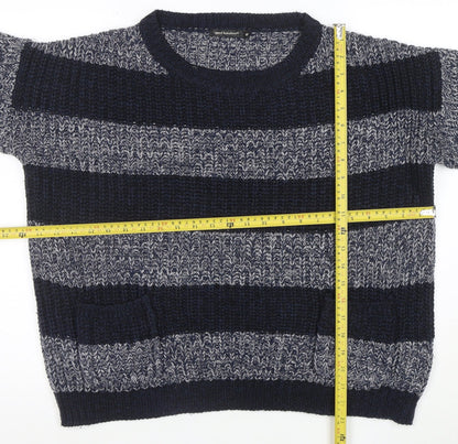 Aed London Women's Navy Grey Striped Knit Jumper M Acrylic Crew Neck