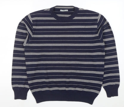 Marks and Spencer Men's Blue Striped Cotton Blend Pullover Jumper Size S