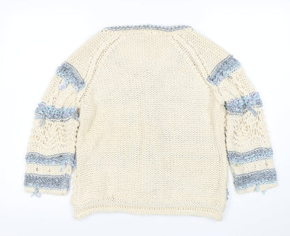 Next Women Beige Blue Knit Cardigan L Crochet Button Cotton Blend