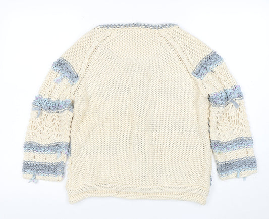 Next Women Beige Blue Knit Cardigan L Crochet Button Cotton Blend