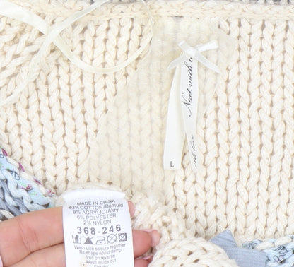 Next Women Beige Blue Knit Cardigan L Crochet Button Cotton Blend
