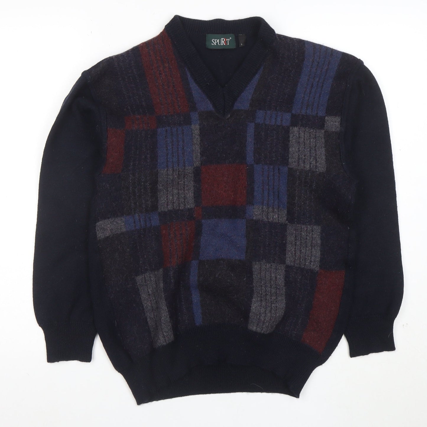 SPURT Men's Multicoloured Check V-Neck Wool Blend Jumper L