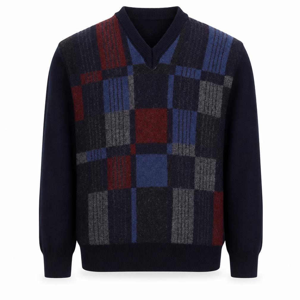 SPURT Men's Multicoloured Check V-Neck Wool Blend Jumper L