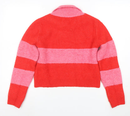 Mango Womens Red Pink Striped Collared Wool Blend Pullover Jumper Size 10