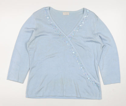 Portafina Women Blue Sequin Wrap Knit 3/4 Sleeve Blouse Size 18