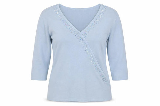 Portafina Women Blue Sequin Wrap Knit 3/4 Sleeve Blouse Size 18