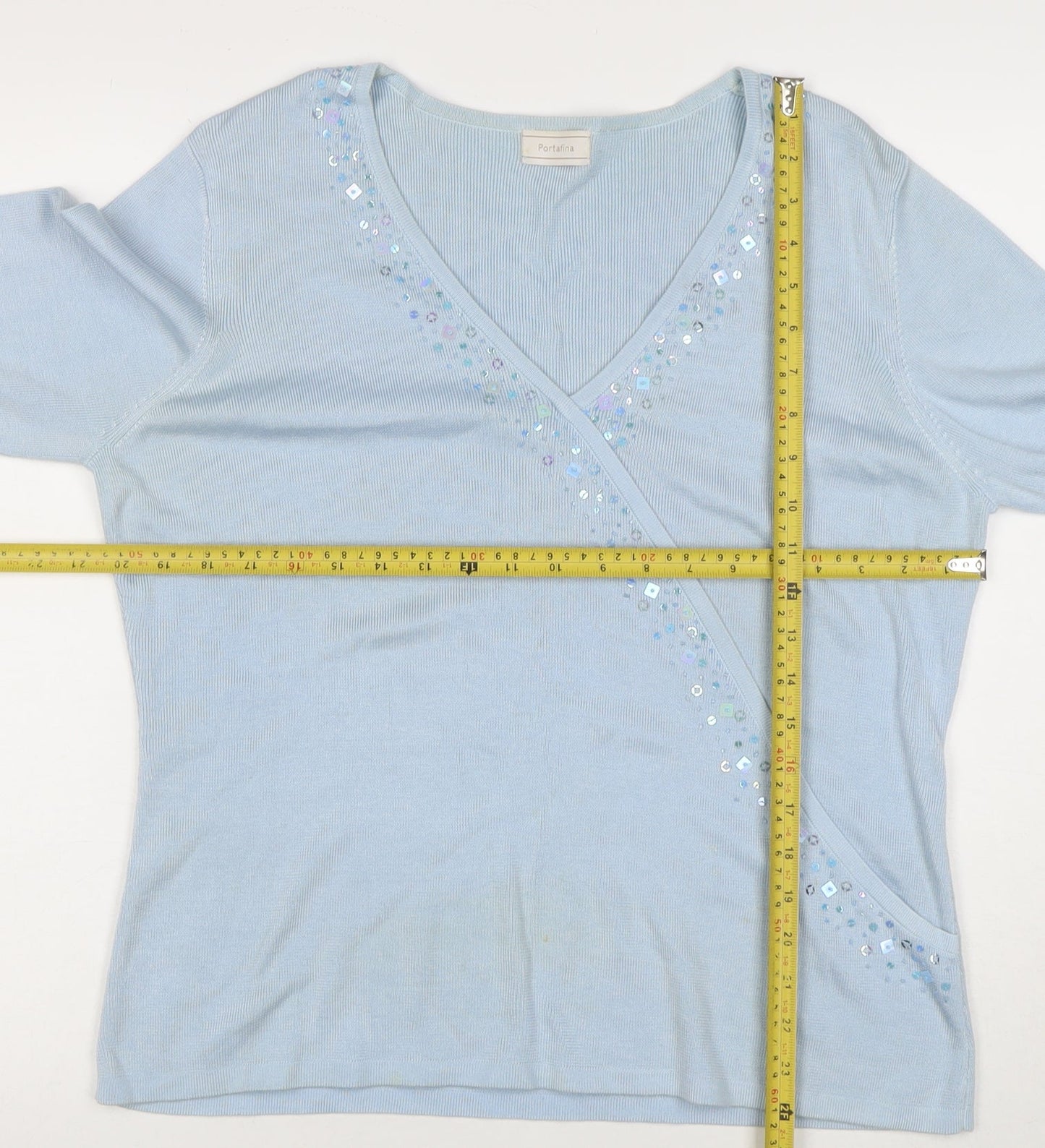 Portafina Women Blue Sequin Wrap Knit 3/4 Sleeve Blouse Size 18