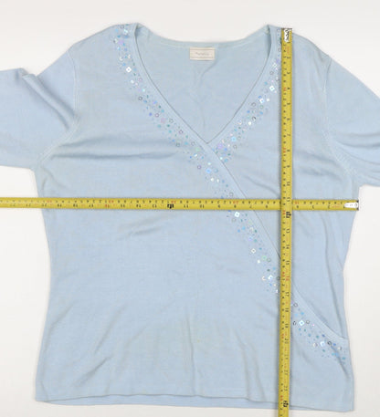 Portafina Women Blue Sequin Wrap Knit 3/4 Sleeve Blouse Size 18