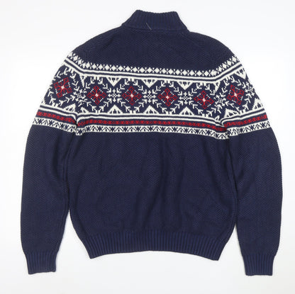 IZOD Men's Blue Fair Isle 1/4 Zip Jumper L/6 Cotton Blend Knit