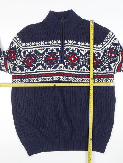 IZOD Men's Blue Fair Isle 1/4 Zip Jumper L/6 Cotton Blend Knit