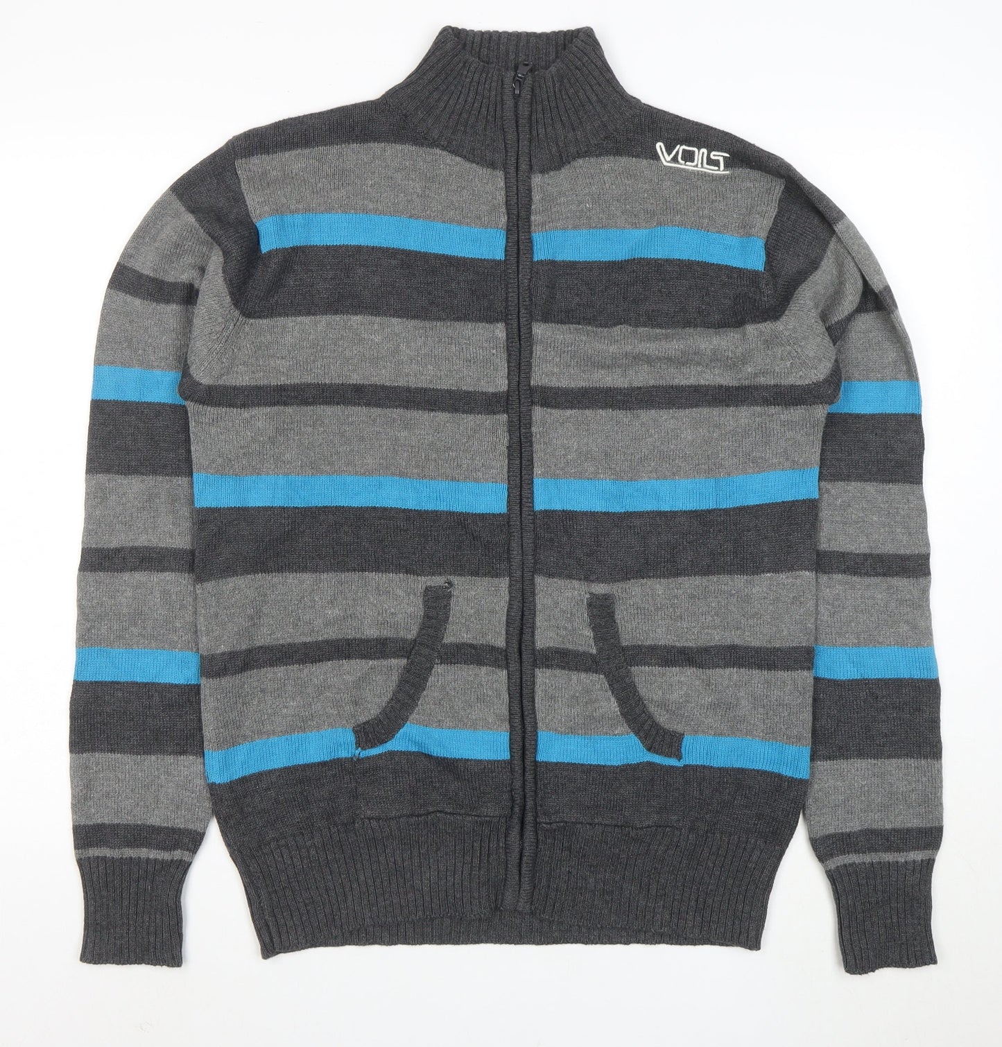 Voltage System Men's Grey Stripe Full Zip Cotton Jumper M
