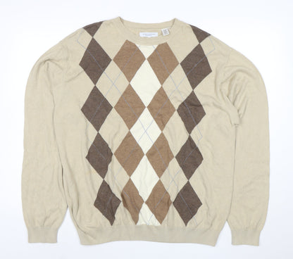 Alex Cannon Men Beige Argyle Crew Neck Cotton Jumper XL