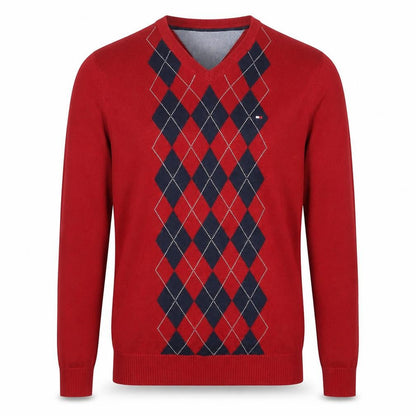 Tommy Hilfiger Men's Red Argyle V-Neck Cotton Jumper M